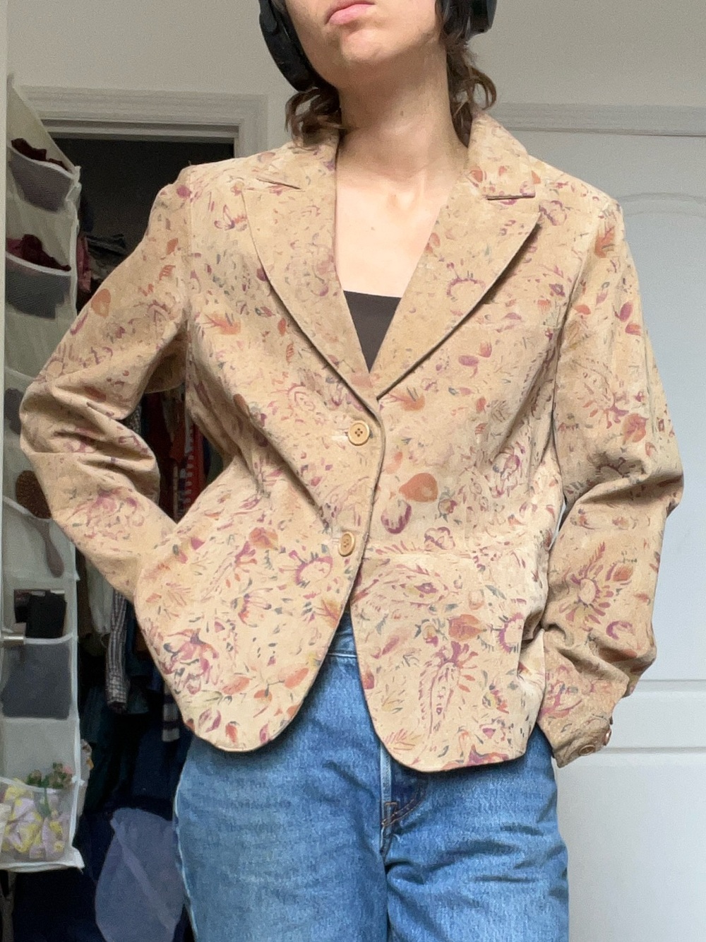 vintage Beige suede Floral Button Blazer leather Jacket